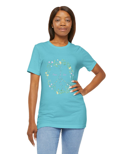 Hibiscus Hippie Boho Designed Floral Peace Sign T-Shirt — 'Peace & Love' in Multicolor Choice Tees