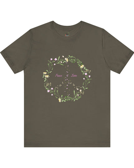 Hibiscus Hippie Boho Designed Floral Peace Sign T-Shirt — 'Peace & Love' in Multicolor Choice Tees