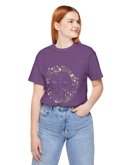 Hibiscus Hippie Boho Designed Floral Peace Sign T-Shirt — 'Peace & Love' in Multicolor Choice Tees