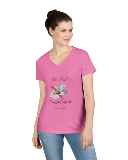 Ladies' V-Neck T-Shirt — "Pure Soul, Peaceful Heart" White Floral Graphic
