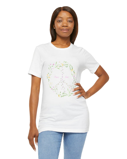 Hibiscus Hippie Boho Designed Floral Peace Sign T-Shirt — 'Peace & Love' in Multicolor Choice Tees