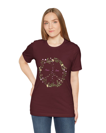 Hibiscus Hippie Boho Designed Floral Peace Sign T-Shirt — 'Peace & Love' in Multicolor Choice Tees