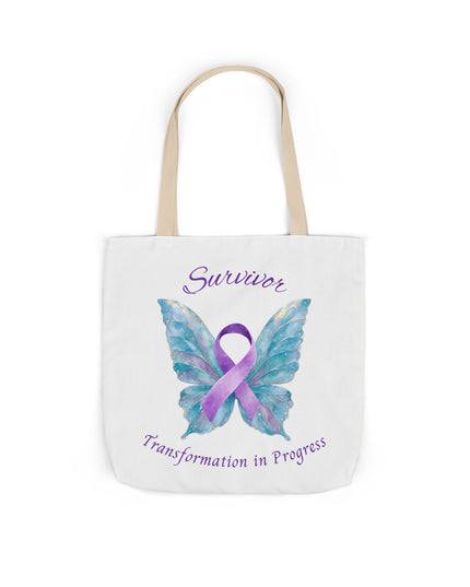 Domestic Violence Survivor Tote Bag | Teal and Purple Ribbon Butterfly Canvas Shopping Bag | Abuse Survivor Gift, Transformation in Progress Everyday Carrying Bag, Empowering Healing Reusable Grocery Bag