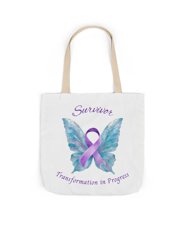 Domestic Violence Survivor Tote Bag | Teal and Purple Ribbon Butterfly Canvas Shopping Bag | Abuse Survivor Gift, Transformation in Progress Everyday Carrying Bag, Empowering Healing Reusable Grocery Bag