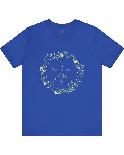 Hibiscus Hippie Boho Designed Floral Peace Sign T-Shirt — 'Peace & Love' in Multicolor Choice Tees
