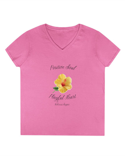 Ladies' V-Neck T-Shirt — "Positive Soul, Playful Heart" Yellow Floral Graphic