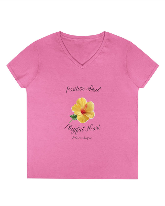 Ladies' V-Neck T-Shirt — "Positive Soul, Playful Heart" Yellow Floral Graphic