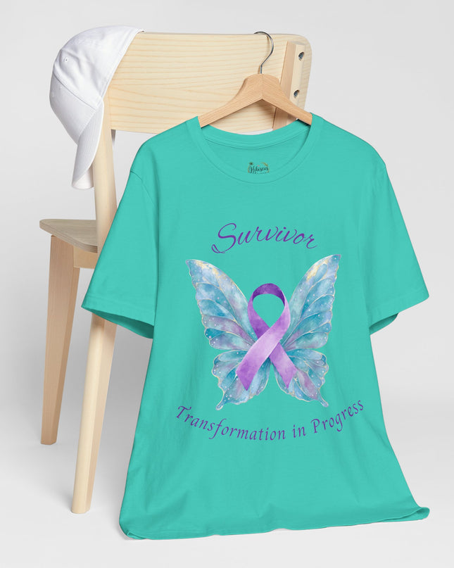 Domestic Violence Awareness Shirt | Survivor Teal and Purple Ribbon Butterfly Tee | Abuse Survivor Gift, Transformation in Progress Graphic T-Shirt, Empowering Healing Support Clothing