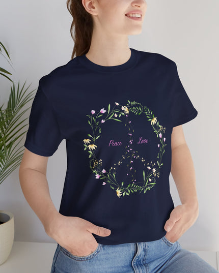 Hibiscus Hippie Boho Designed Floral Peace Sign T-Shirt — 'Peace & Love' in Multicolor Choice Tees