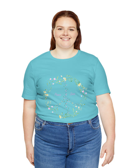 Hibiscus Hippie Boho Designed Floral Peace Sign T-Shirt — 'Peace & Love' in Multicolor Choice Tees