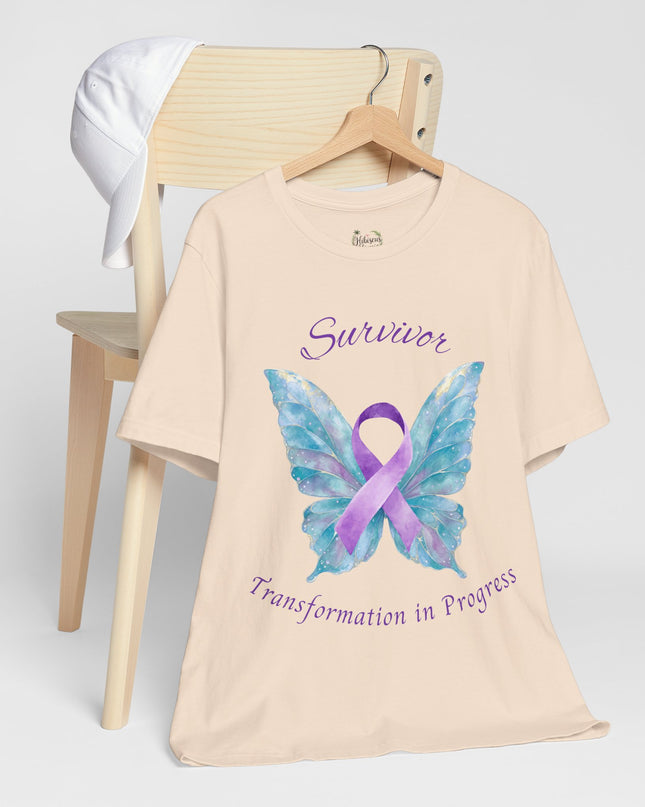 Domestic Violence Awareness Shirt | Survivor Teal and Purple Ribbon Butterfly Tee | Abuse Survivor Gift, Transformation in Progress Graphic T-Shirt, Empowering Healing Support Clothing