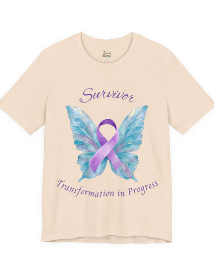 Domestic Violence Awareness Shirt | Survivor Teal and Purple Ribbon Butterfly Tee | Abuse Survivor Gift, Transformation in Progress Graphic T-Shirt, Empowering Healing Support Clothing