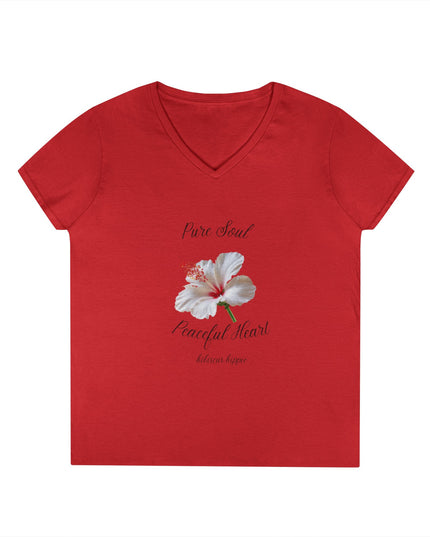 Ladies' V-Neck T-Shirt — "Pure Soul, Peaceful Heart" White Floral Graphic