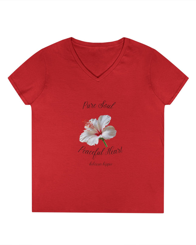 Ladies' V-Neck T-Shirt — "Pure Soul, Peaceful Heart" White Floral Graphic