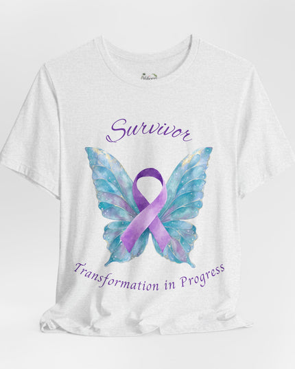 Domestic Violence Awareness Shirt | Survivor Teal and Purple Ribbon Butterfly Tee | Abuse Survivor Gift, Transformation in Progress Graphic T-Shirt, Empowering Healing Support Clothing