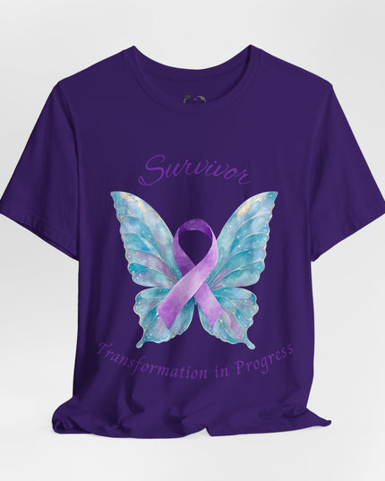 Domestic Violence Awareness Shirt | Survivor Teal and Purple Ribbon Butterfly Tee | Abuse Survivor Gift, Transformation in Progress Graphic T-Shirt, Empowering Healing Support Clothing