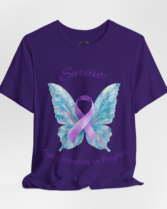 Domestic Violence Awareness Shirt | Survivor Teal and Purple Ribbon Butterfly Tee | Abuse Survivor Gift, Transformation in Progress Graphic T-Shirt, Empowering Healing Support Clothing