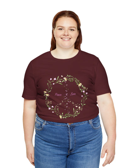Hibiscus Hippie Boho Designed Floral Peace Sign T-Shirt — 'Peace & Love' in Multicolor Choice Tees