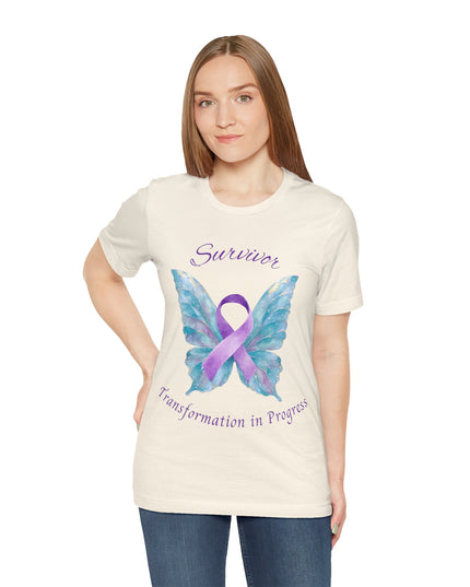 Domestic Violence Awareness Shirt | Survivor Teal and Purple Ribbon Butterfly Tee | Abuse Survivor Gift, Transformation in Progress Graphic T-Shirt, Empowering Healing Support Clothing