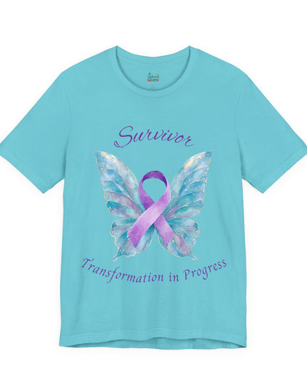 Domestic Violence Awareness Shirt | Survivor Teal and Purple Ribbon Butterfly Tee | Abuse Survivor Gift, Transformation in Progress Graphic T-Shirt, Empowering Healing Support Clothing