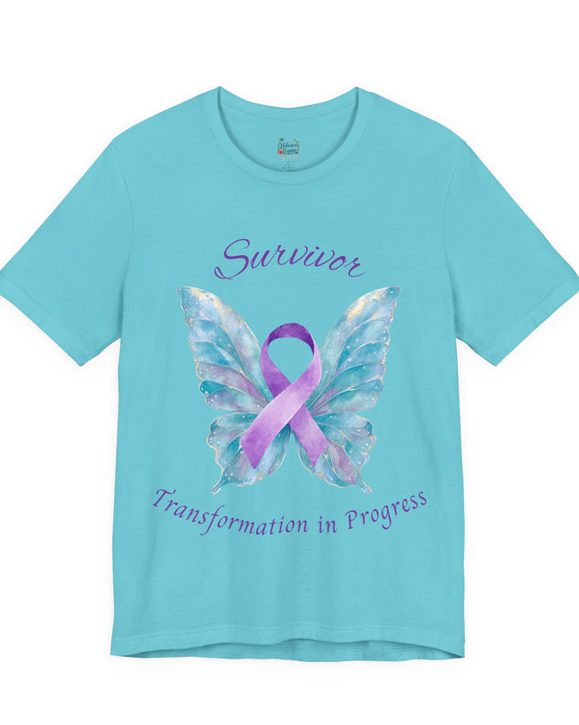 Domestic Violence Awareness Shirt | Survivor Teal and Purple Ribbon Butterfly Tee | Abuse Survivor Gift, Transformation in Progress Graphic T-Shirt, Empowering Healing Support Clothing
