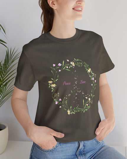 Hibiscus Hippie Boho Designed Floral Peace Sign T-Shirt — 'Peace & Love' in Multicolor Choice Tees