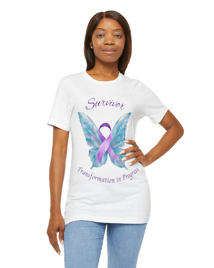 Domestic Violence Awareness Shirt | Survivor Teal and Purple Ribbon Butterfly Tee | Abuse Survivor Gift, Transformation in Progress Graphic T-Shirt, Empowering Healing Support Clothing