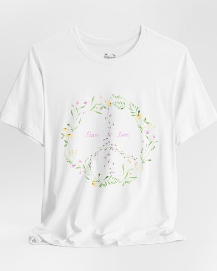 Hibiscus Hippie Boho Designed Floral Peace Sign T-Shirt — 'Peace & Love' in Multicolor Choice Tees