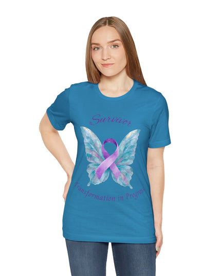 Domestic Violence Awareness Shirt | Survivor Teal and Purple Ribbon Butterfly Tee | Abuse Survivor Gift, Transformation in Progress Graphic T-Shirt, Empowering Healing Support Clothing