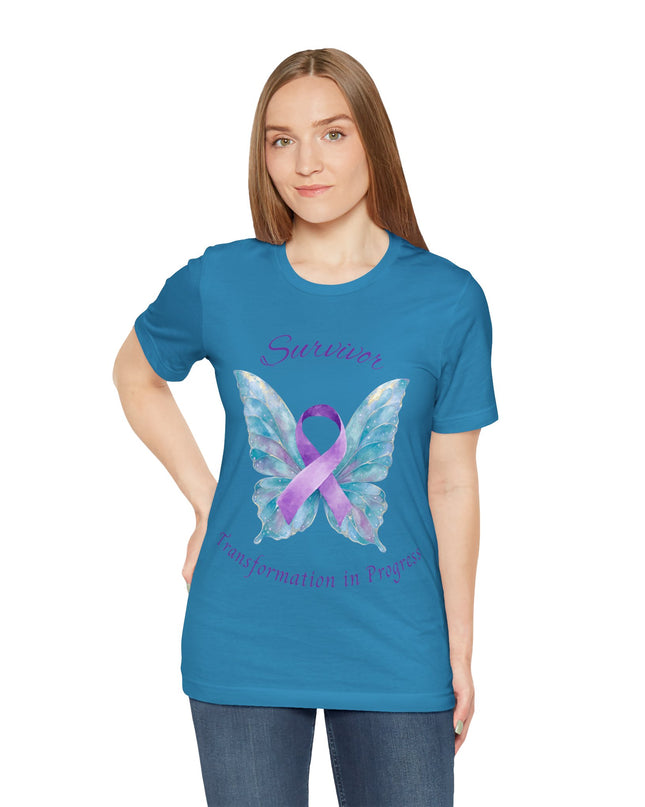 Domestic Violence Awareness Shirt | Survivor Teal and Purple Ribbon Butterfly Tee | Abuse Survivor Gift, Transformation in Progress Graphic T-Shirt, Empowering Healing Support Clothing