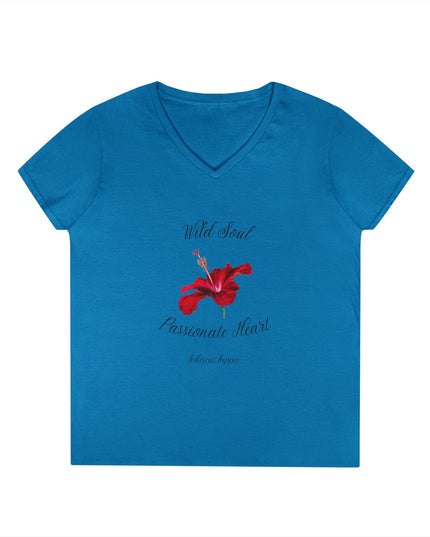 Ladies' V-Neck T-Shirt — "Wild Soul, Passionate Heart" Red Floral Graphic