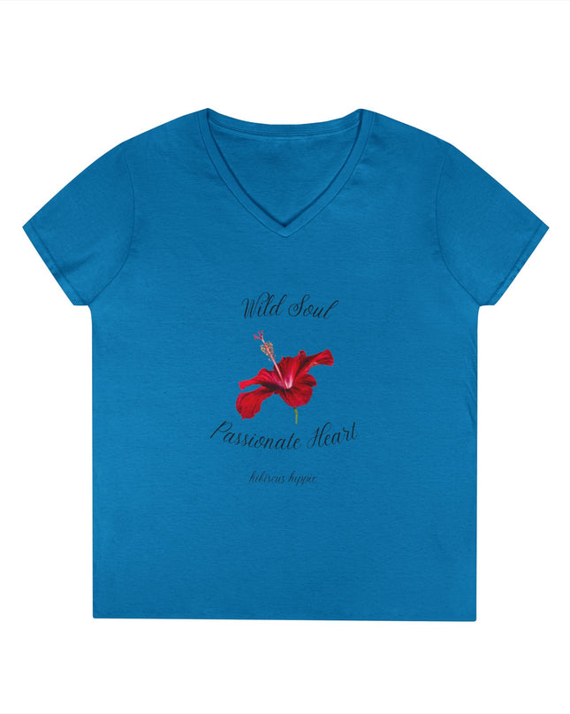 Ladies' V-Neck T-Shirt — "Wild Soul, Passionate Heart" Red Floral Graphic