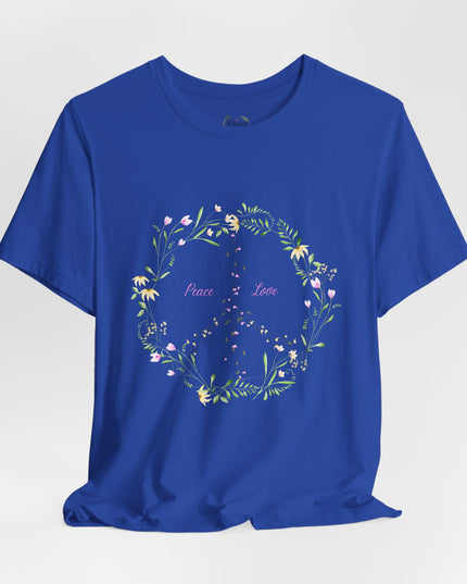 Hibiscus Hippie Boho Designed Floral Peace Sign T-Shirt — 'Peace & Love' in Multicolor Choice Tees