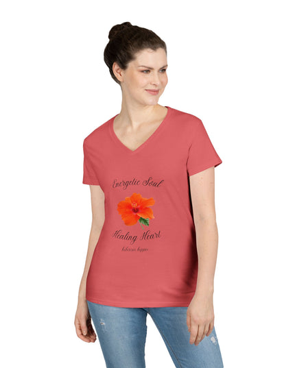 Ladies' V-Neck T-Shirt — "Energetic Soul, Healing Heart" Orange Floral Graphic