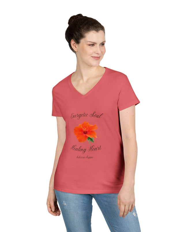 Ladies' V-Neck T-Shirt — "Energetic Soul, Healing Heart" Orange Floral Graphic
