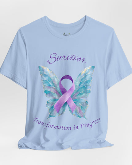 Domestic Violence Awareness Shirt | Survivor Teal and Purple Ribbon Butterfly Tee | Abuse Survivor Gift, Transformation in Progress Graphic T-Shirt, Empowering Healing Support Clothing