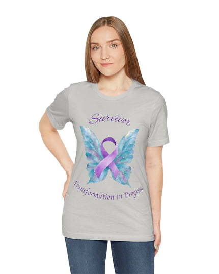 Domestic Violence Awareness Shirt | Survivor Teal and Purple Ribbon Butterfly Tee | Abuse Survivor Gift, Transformation in Progress Graphic T-Shirt, Empowering Healing Support Clothing
