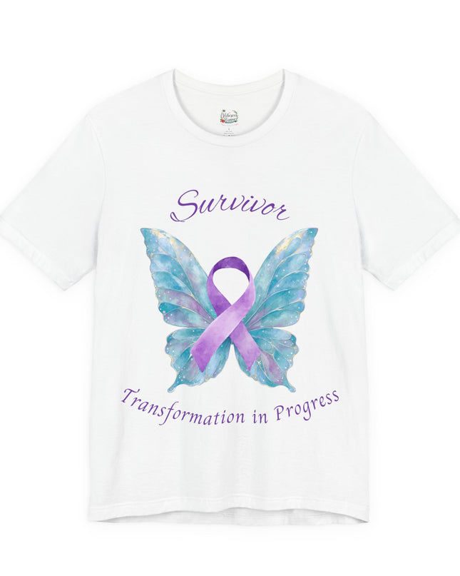 Domestic Violence Awareness Shirt | Survivor Teal and Purple Ribbon Butterfly Tee | Abuse Survivor Gift, Transformation in Progress Graphic T-Shirt, Empowering Healing Support Clothing
