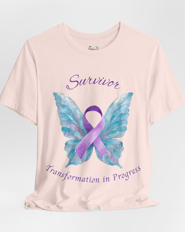 Domestic Violence Awareness Shirt | Survivor Teal and Purple Ribbon Butterfly Tee | Abuse Survivor Gift, Transformation in Progress Graphic T-Shirt, Empowering Healing Support Clothing