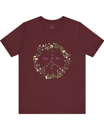 Hibiscus Hippie Boho Designed Floral Peace Sign T-Shirt — 'Peace & Love' in Multicolor Choice Tees