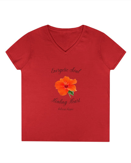Ladies' V-Neck T-Shirt — "Energetic Soul, Healing Heart" Orange Floral Graphic