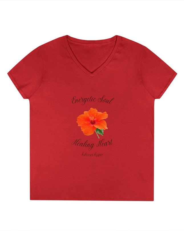 Ladies' V-Neck T-Shirt — "Energetic Soul, Healing Heart" Orange Floral Graphic
