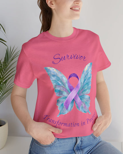 Domestic Violence Awareness Shirt | Survivor Teal and Purple Ribbon Butterfly Tee | Abuse Survivor Gift, Transformation in Progress Graphic T-Shirt, Empowering Healing Support Clothing