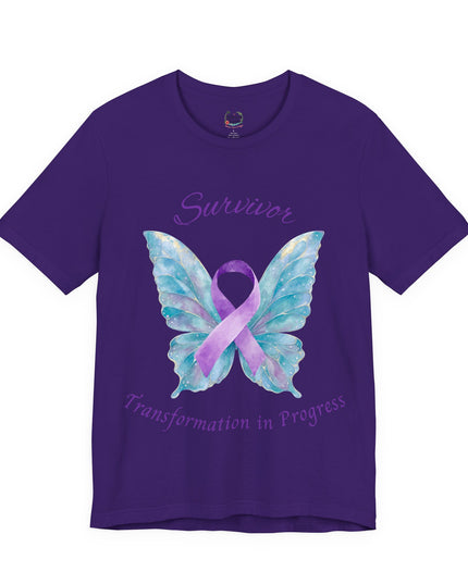 Domestic Violence Awareness Shirt | Survivor Teal and Purple Ribbon Butterfly Tee | Abuse Survivor Gift, Transformation in Progress Graphic T-Shirt, Empowering Healing Support Clothing