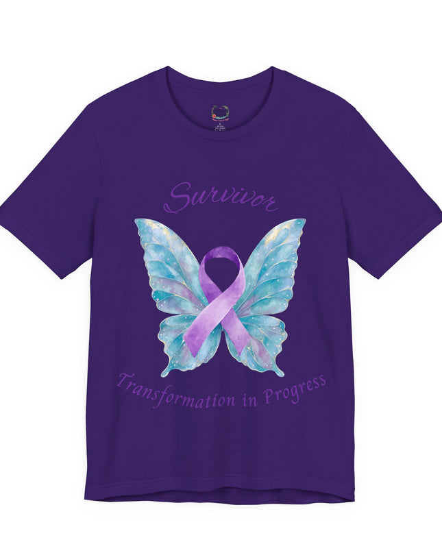 Domestic Violence Awareness Shirt | Survivor Teal and Purple Ribbon Butterfly Tee | Abuse Survivor Gift, Transformation in Progress Graphic T-Shirt, Empowering Healing Support Clothing