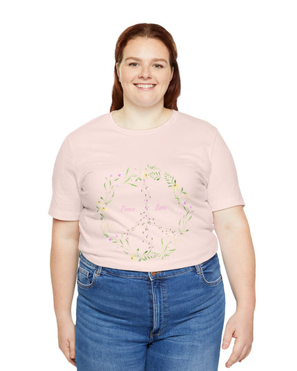 Hibiscus Hippie Boho Designed Floral Peace Sign T-Shirt — 'Peace & Love' in Multicolor Choice Tees
