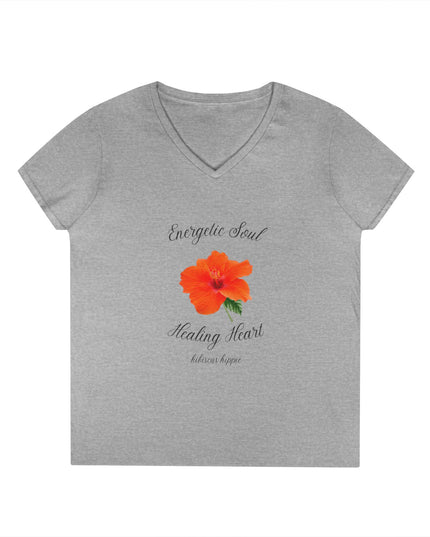 Ladies' V-Neck T-Shirt — "Energetic Soul, Healing Heart" Orange Floral Graphic