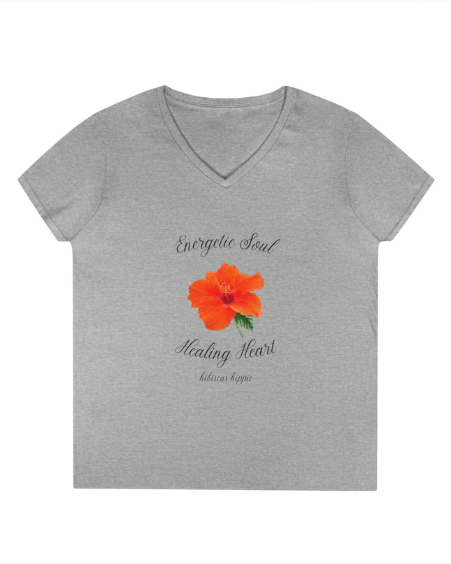 Ladies' V-Neck T-Shirt — "Energetic Soul, Healing Heart" Orange Floral Graphic