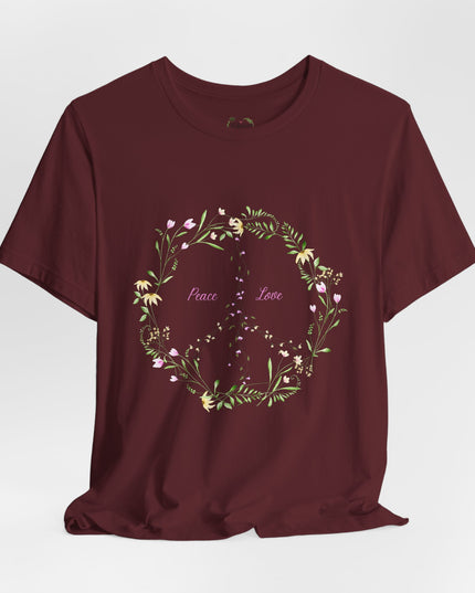 Hibiscus Hippie Boho Designed Floral Peace Sign T-Shirt — 'Peace & Love' in Multicolor Choice Tees