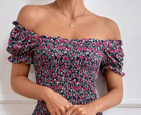 New Pretty Garden Floral Shirred Elastic Bodice Dress with Puff Sleeves
